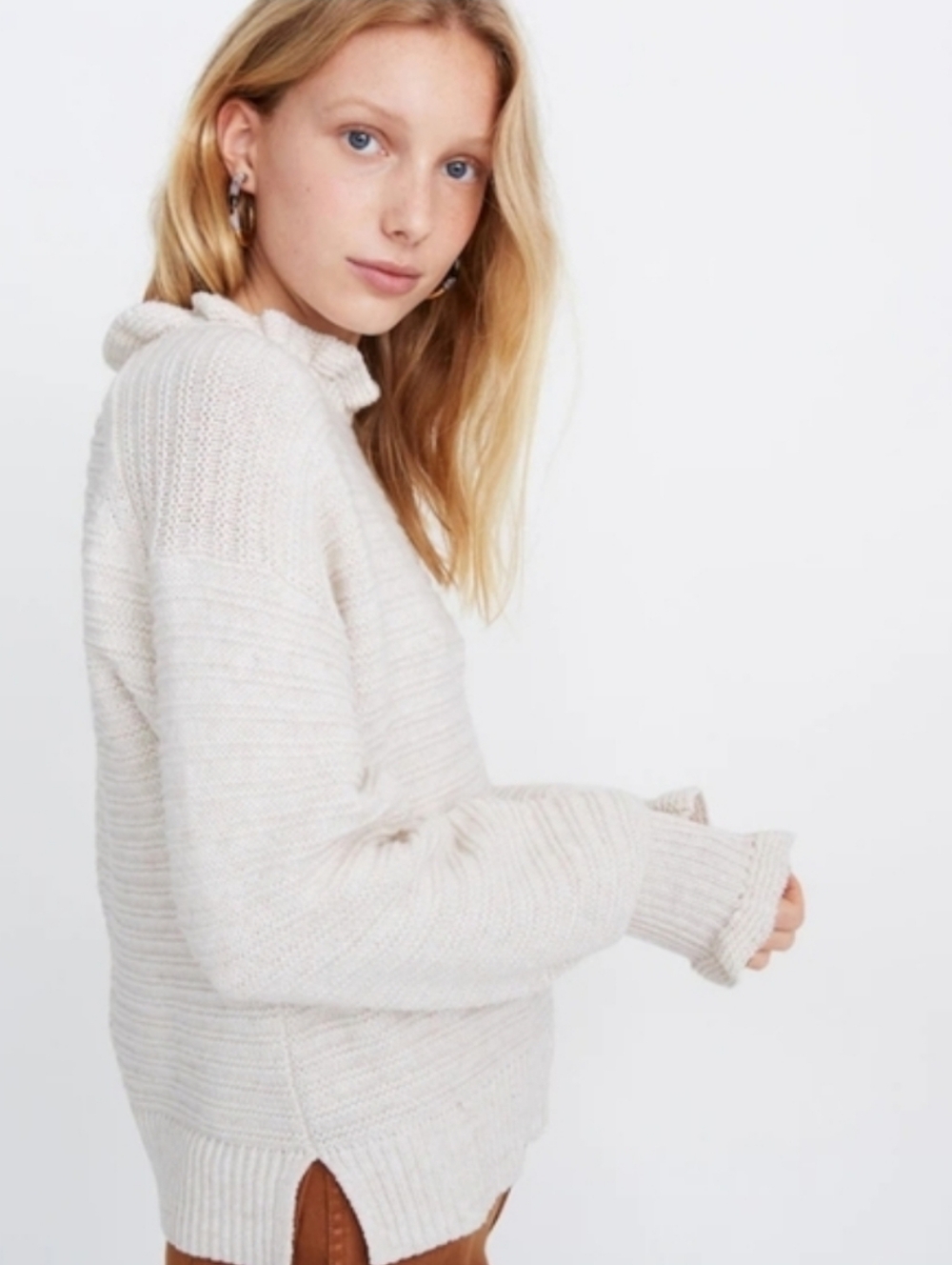 MADEWELL WOMENS RUFFLE NECK TEXTURED WOOL SWEATER CROPPED L